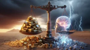 "تصویر مفهومی از یک ترازوی عدالت که در یک کفه آن شمش‌های طلا و پول (نماد اقتصاد سنتی) و در کفه دیگر یک مغز دیجیتال و تراشه درخشان (نماد هوش مصنوعی) قرار دارد؛ بر روی پس‌زمینه‌ای از نقشه ژئوپلیتیک جهان."